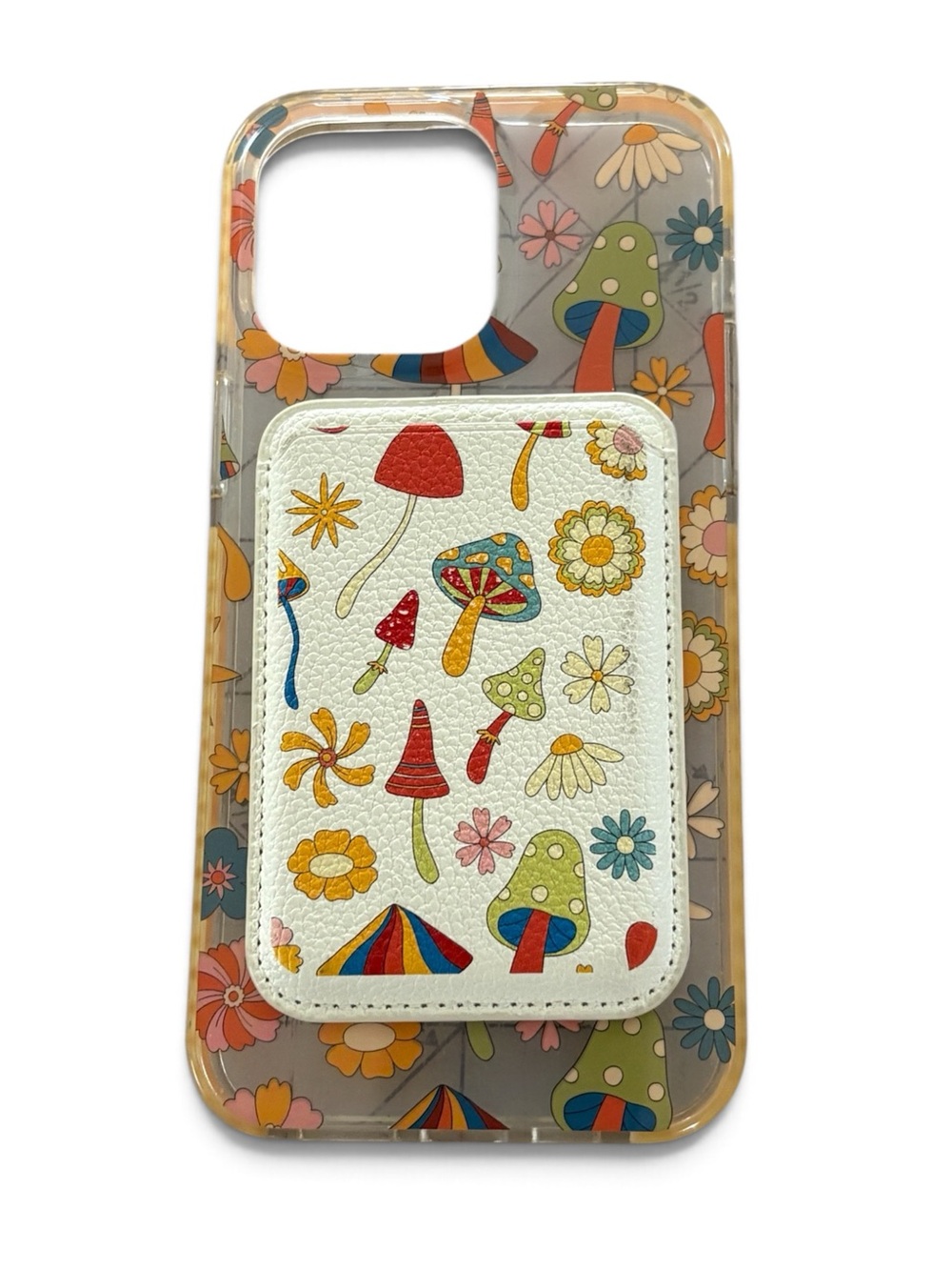 Clear Floral Mushroom Phone Case with White Mushroom Card Holder